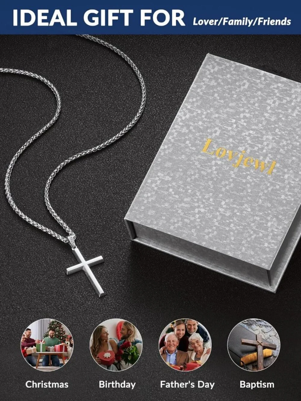 Men's 925 Sterling Silver Cross Necklace, Gold Plated with Wheat Chain, Gift